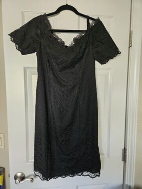Classic Black Lace Midi Dress with Off-Shoulder Detail